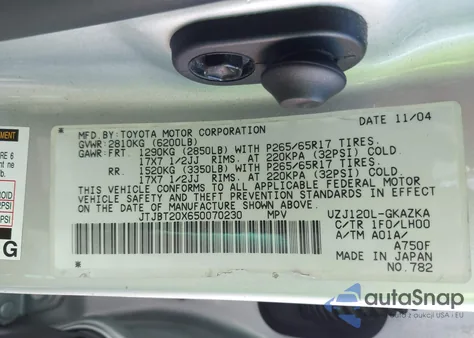 2005 Lexus Gx 470 from USA, damaged, VIN JTJBT20X650070230